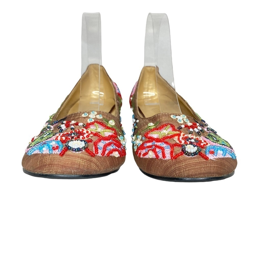 Brown Silk Beaded/Embroidered Kitten Heel Pumps - Picture 3 of 10